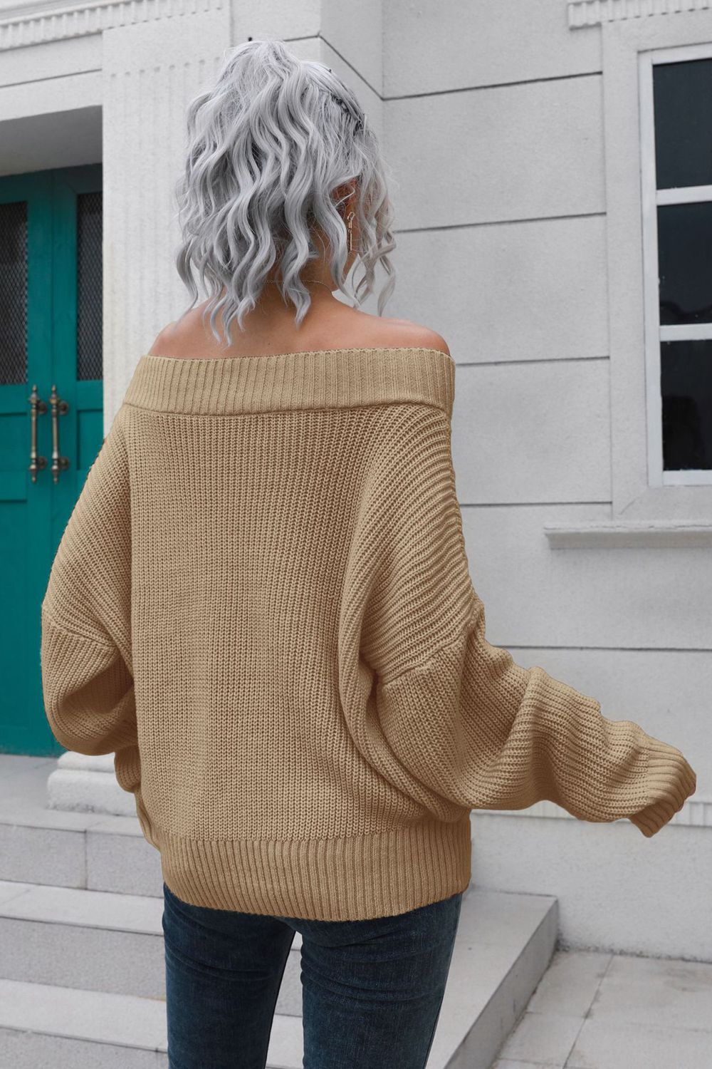 Off-Shoulder Ribbed Long Sleeve Pullover Sweater – detail view 9 – Muse & Moss