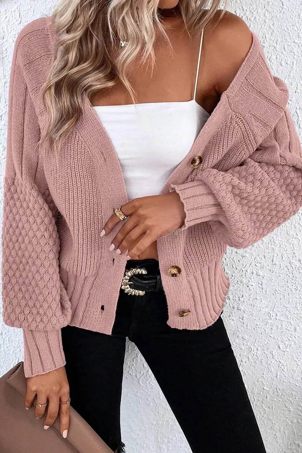 Mixed Texture Knit Button V Neck Sweater Cardigan – detail view 5 – Muse & Moss