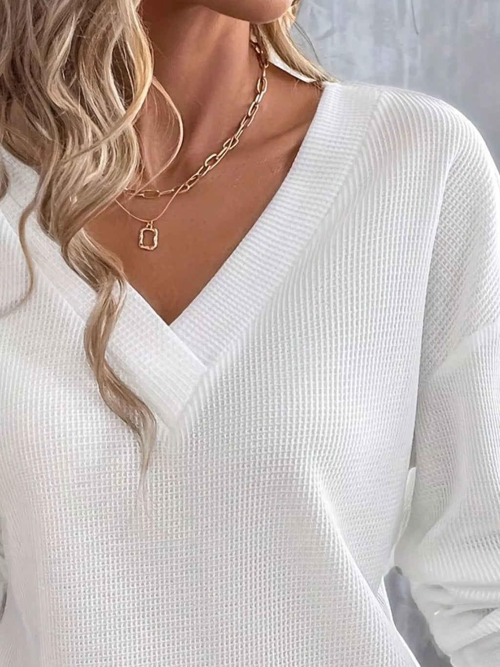 Plus Size V-Neck Long Sleeve Waffle Knit T-Shirt – detail view 6 – Muse & Moss