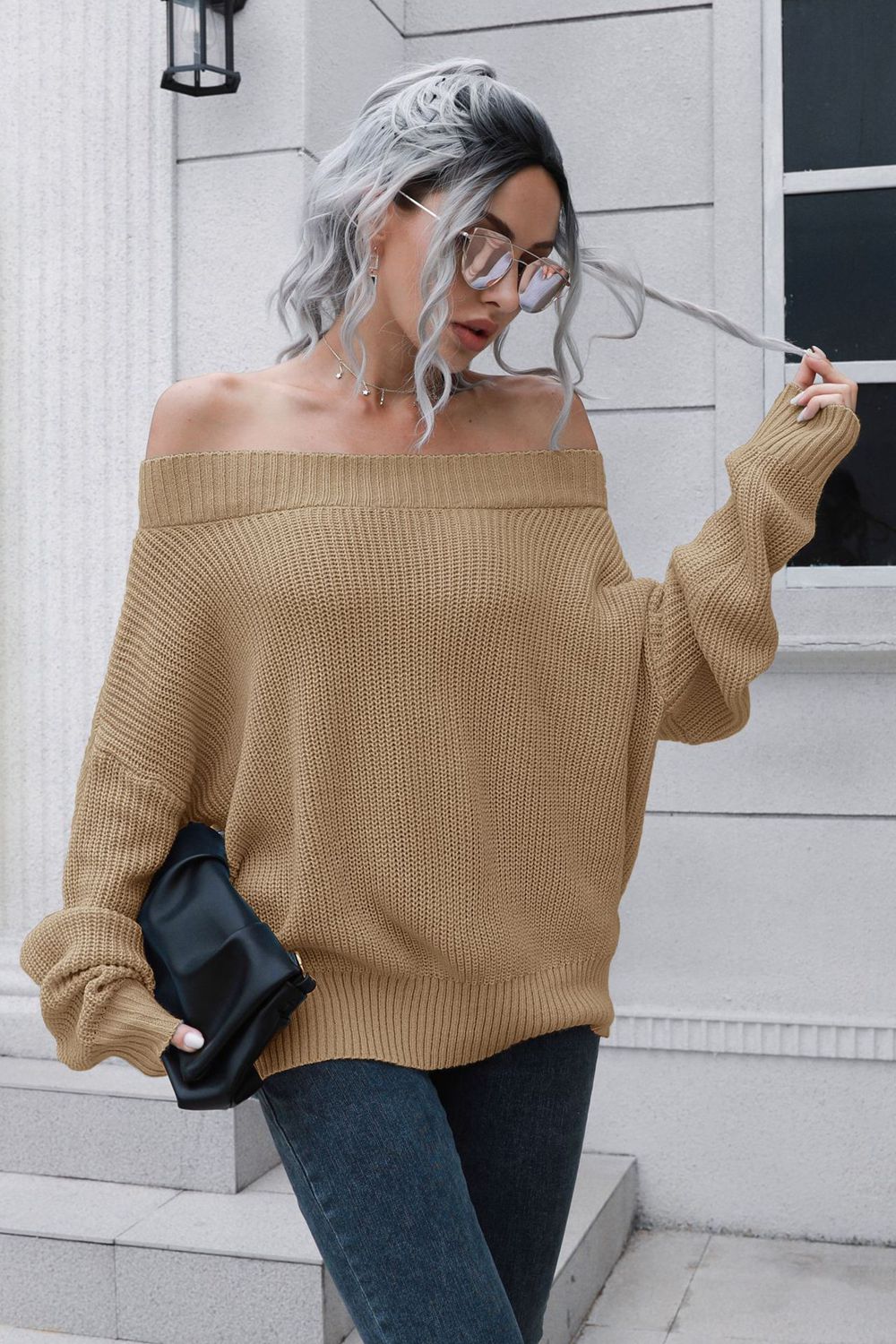 Off-Shoulder Ribbed Long Sleeve Pullover Sweater – detail view 7 – Muse & Moss