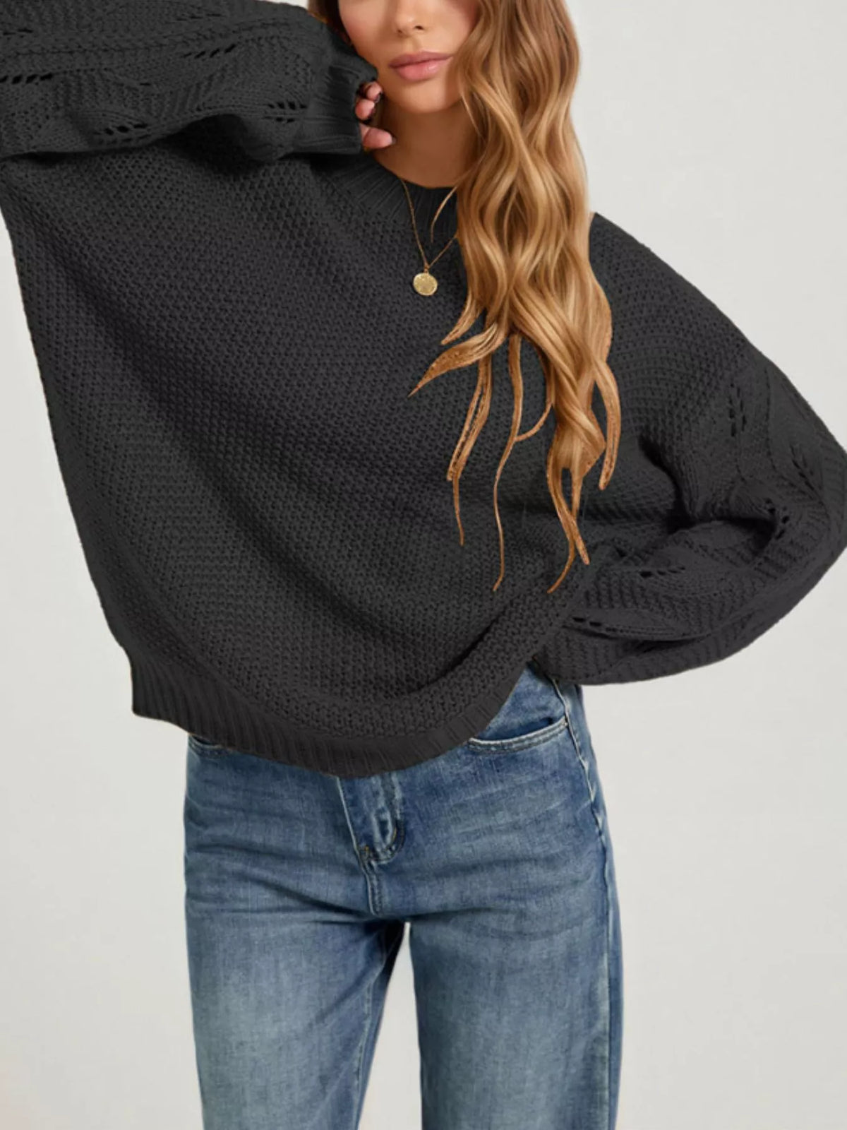 Textured Knit Openwork Dropped Shoulder Sweater – detail view 8 – Muse & Moss