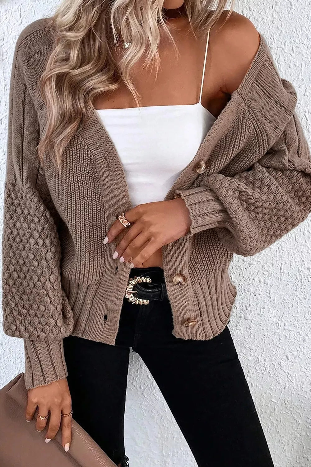 Mixed Texture Knit Button V Neck Sweater Cardigan – detail view 2 – Muse & Moss