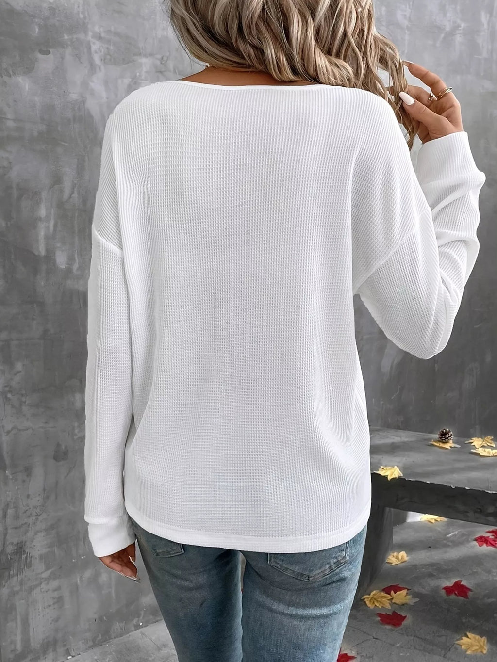 Plus Size V-Neck Long Sleeve Waffle Knit T-Shirt – detail view 5 – Muse & Moss