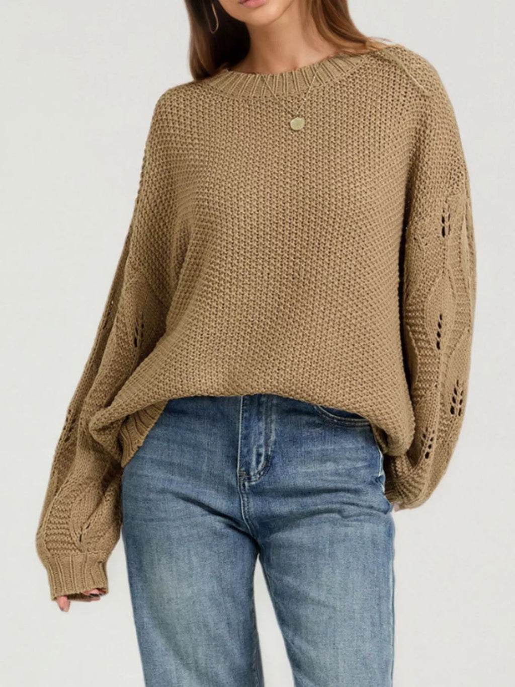 Textured Knit Openwork Dropped Shoulder Sweater – detail view 3 – Muse & Moss