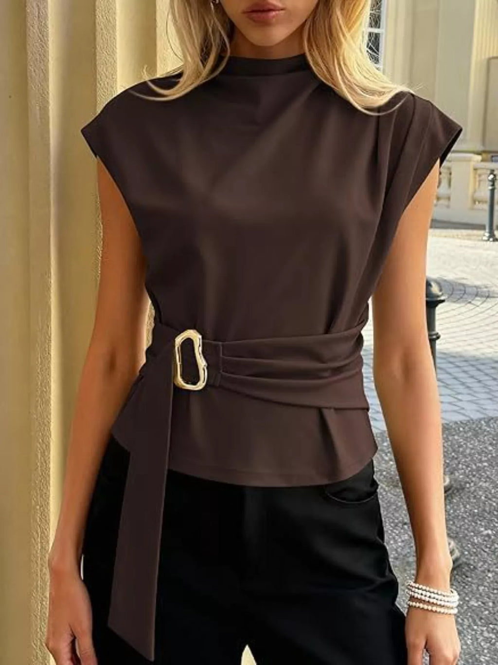 Mock Neck Cap Sleeve Buckle Top – detail view 5 – Muse & Moss