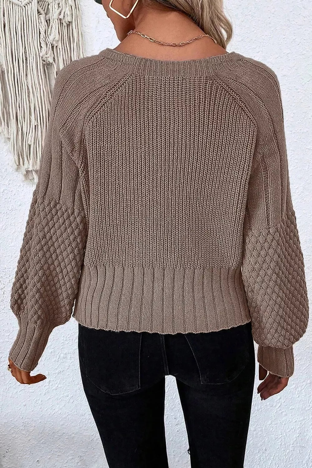 Mixed Texture Knit Button V Neck Sweater Cardigan – detail view 4 – Muse & Moss