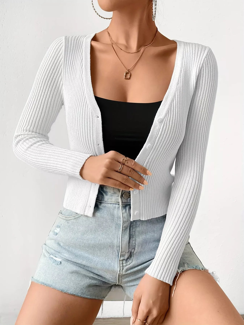 Ribbed Knit Button-Up Cardigan – detail view 6 – Muse & Moss
