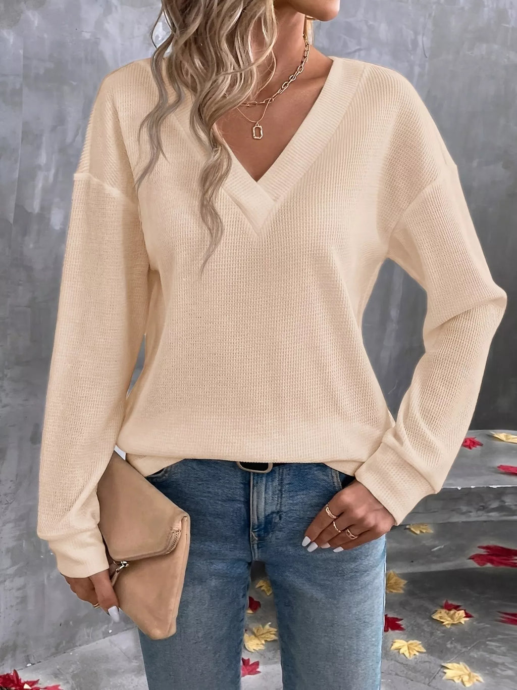 Plus Size V-Neck Long Sleeve Waffle Knit T-Shirt – detail view 8 – Muse & Moss