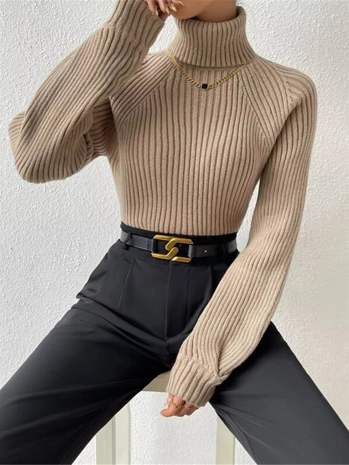 Ribbed Knit Turtleneck Sweater – detail view 8 – Muse & Moss