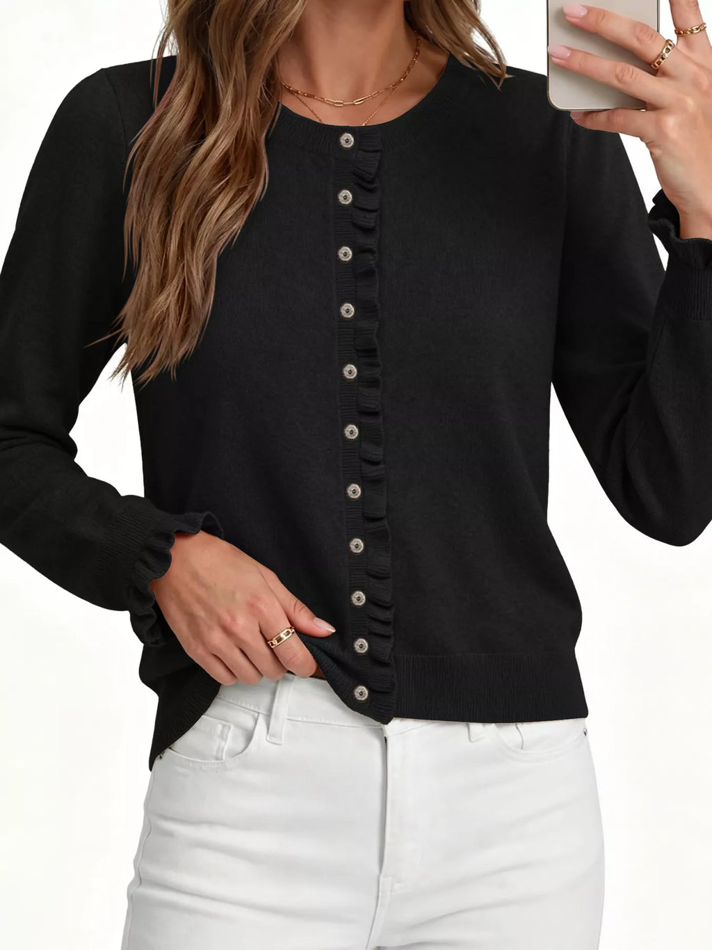 Ruffle-Trimmed Button-Down Knit Cardigan – detail view 8 – Muse & Moss