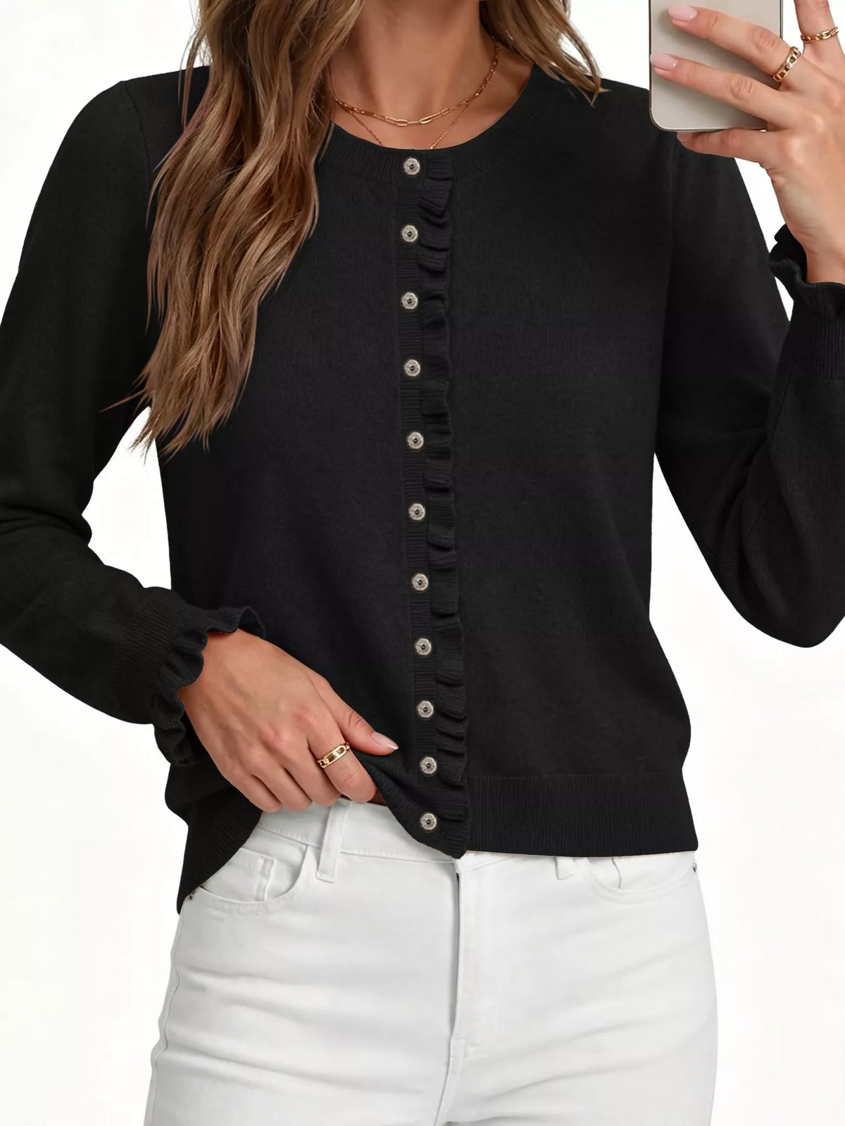 Ruffle-Trimmed Button-Down Knit Cardigan – detail view 8 – Muse & Moss