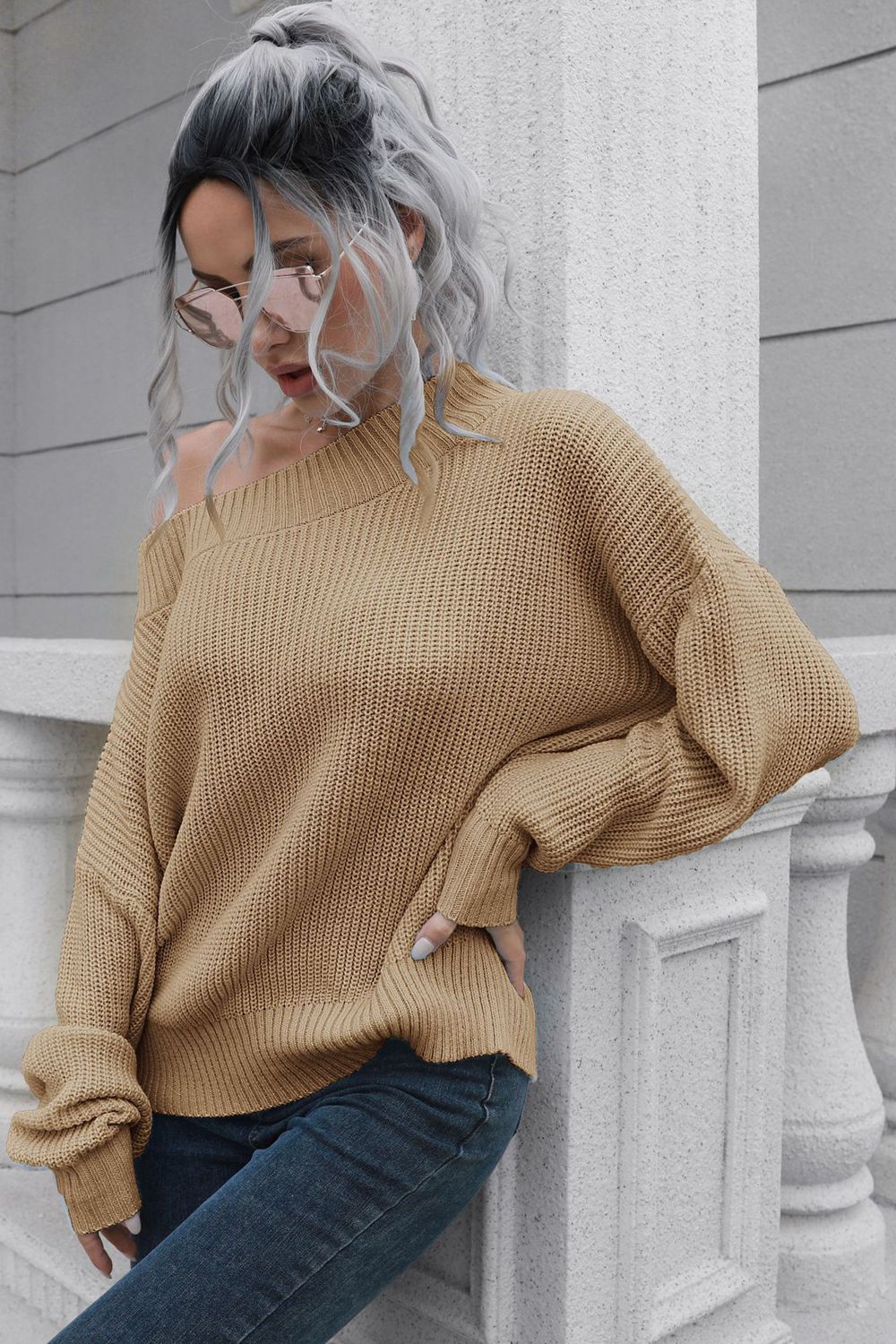 Off-Shoulder Ribbed Long Sleeve Pullover Sweater – detail view 8 – Muse & Moss