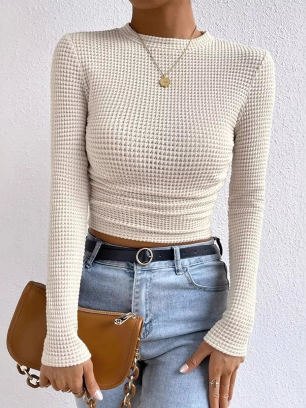 Waffle Knit Long Sleeve T-Shirt – detail view 3 – Muse & Moss