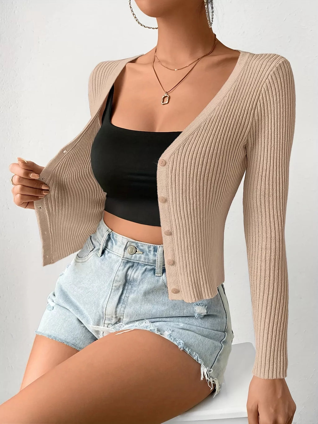 Ribbed Knit Button-Up Cardigan – detail view 4 – Muse & Moss