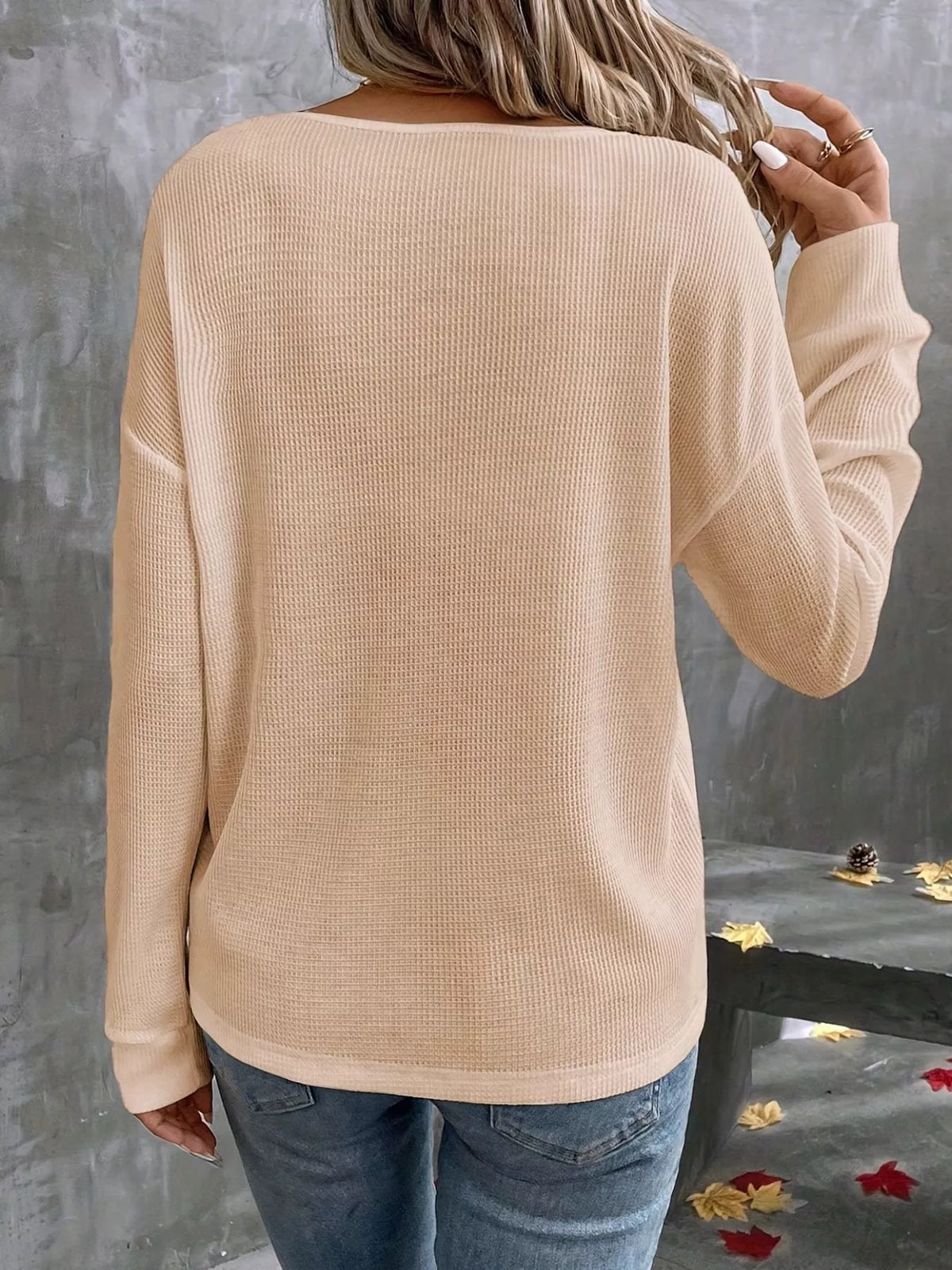 Plus Size V-Neck Long Sleeve Waffle Knit T-Shirt – detail view 9 – Muse & Moss