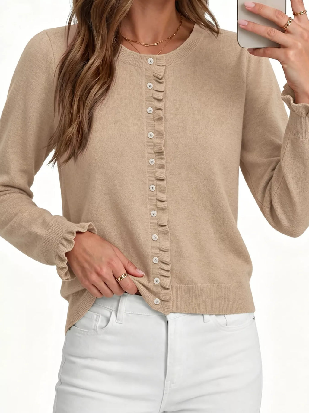 Ruffle-Trimmed Button-Down Knit Cardigan – detail view 2 – Muse & Moss