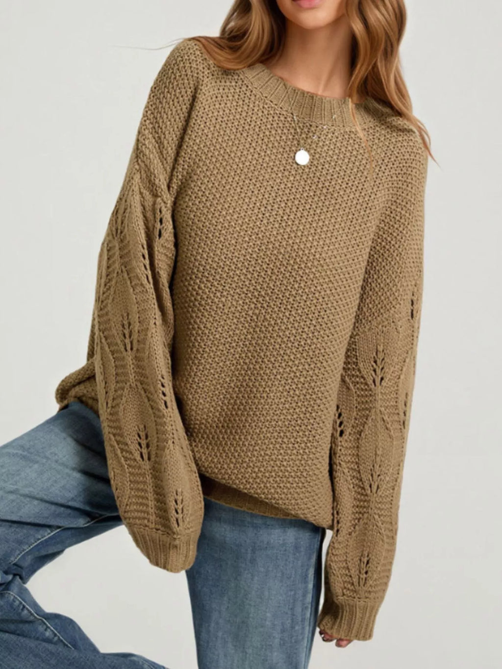 Textured Knit Openwork Dropped Shoulder Sweater – detail view 2 – Muse & Moss