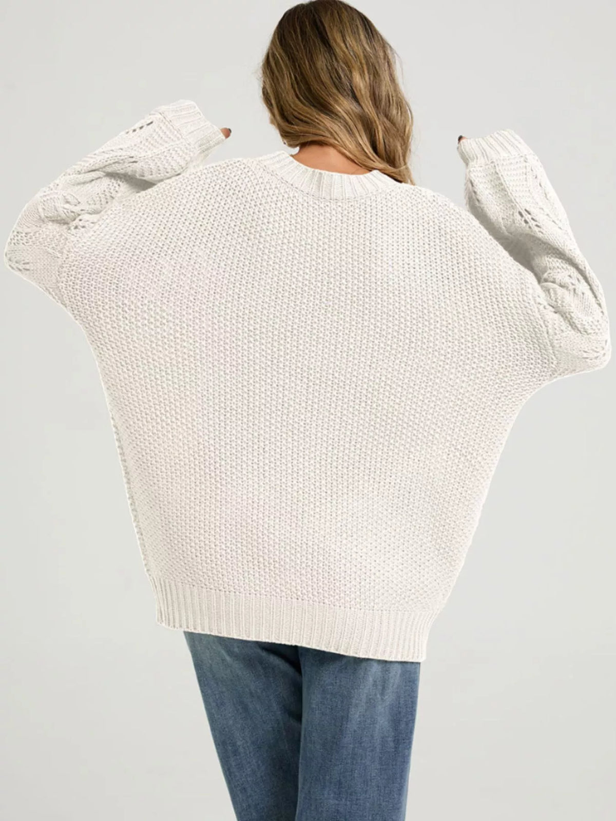 Textured Knit Openwork Dropped Shoulder Sweater – detail view 10 – Muse & Moss
