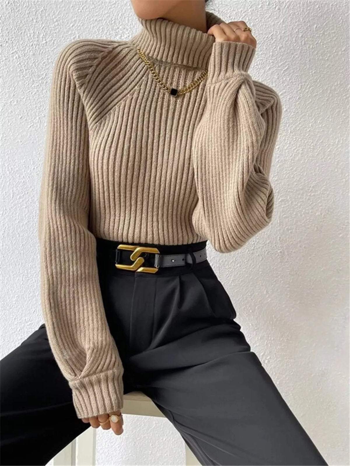Ribbed Knit Turtleneck Sweater – detail view 9 – Muse & Moss