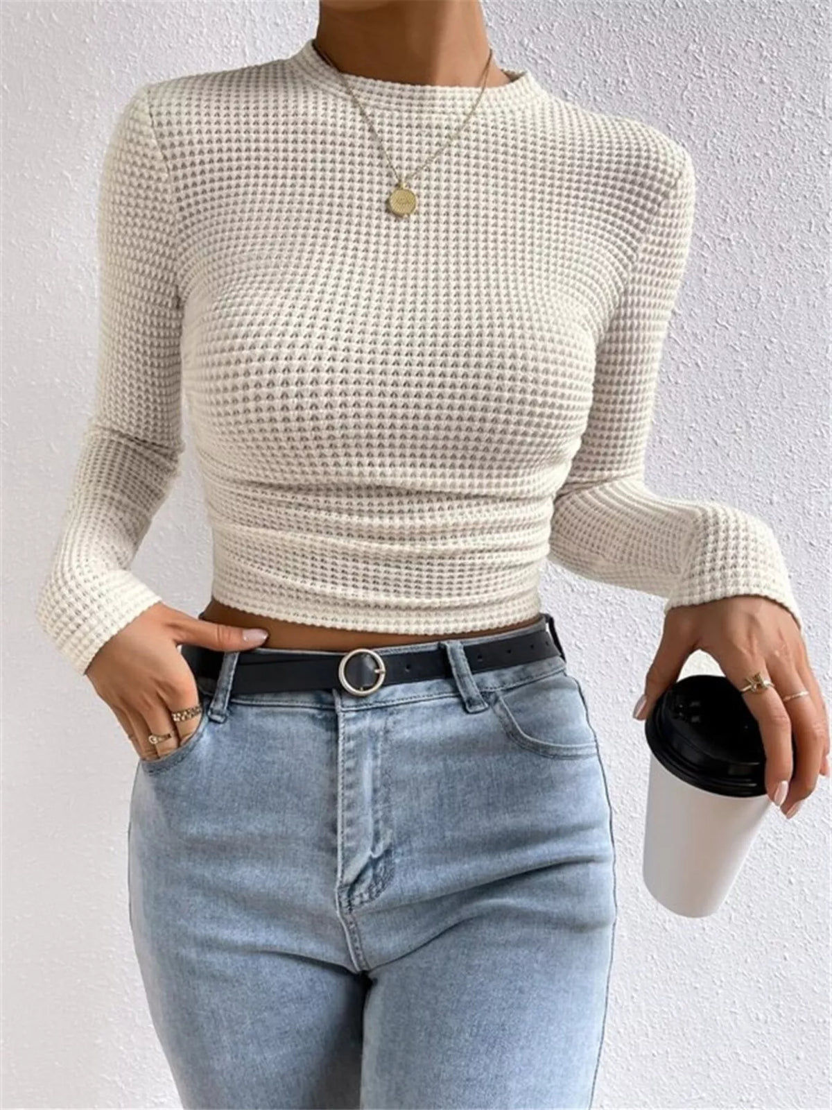 Waffle Knit Long Sleeve T-Shirt – detail view 4 – Muse & Moss