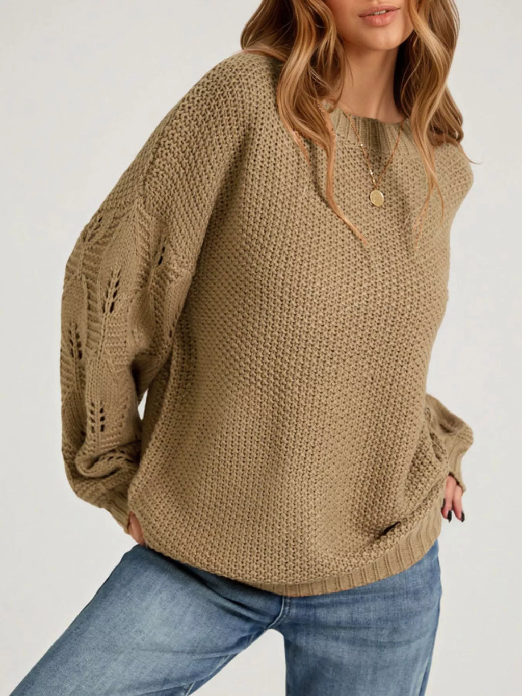 Textured Knit Openwork Dropped Shoulder Sweater – detail view 4 – Muse & Moss