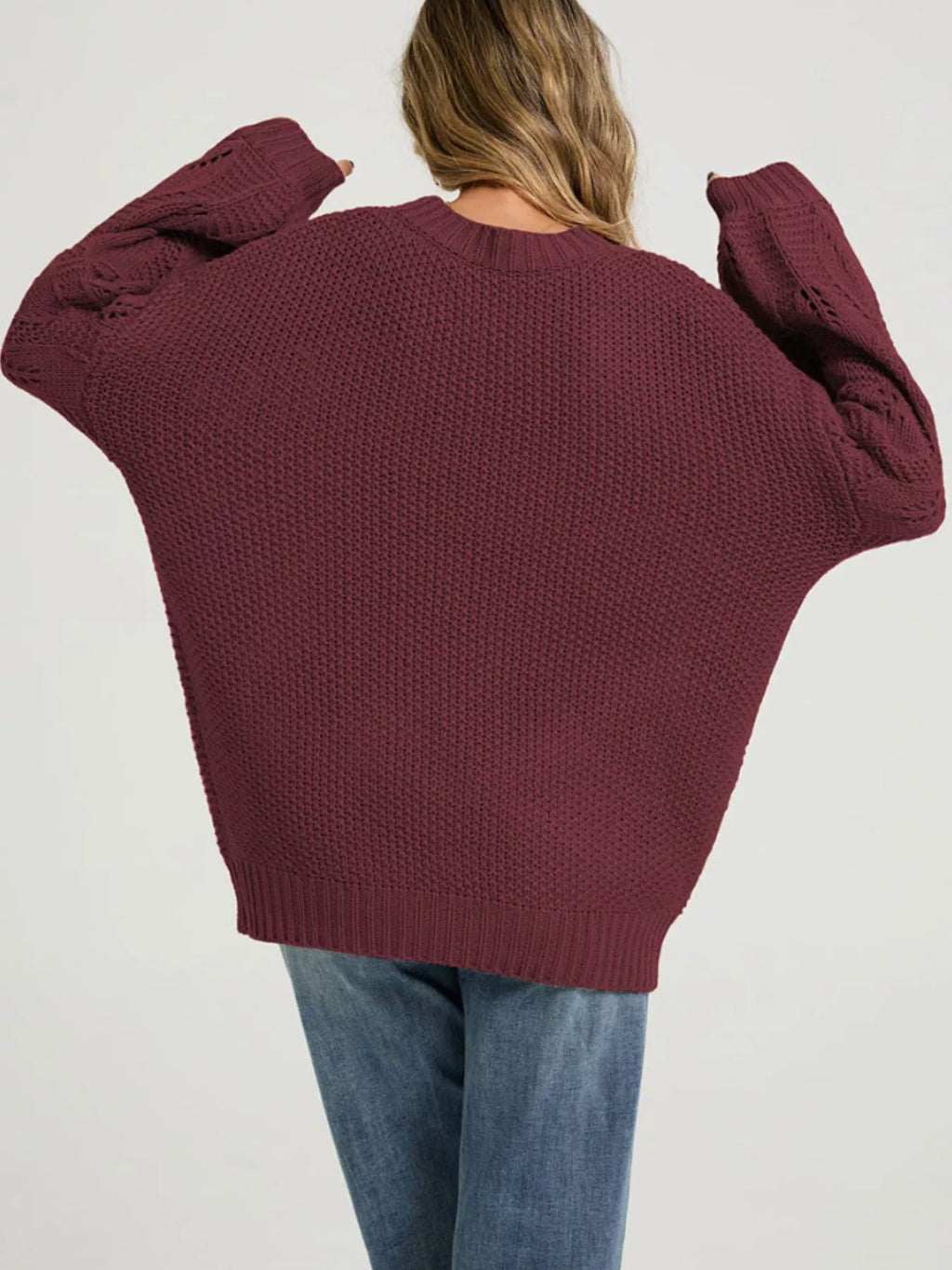 Textured Knit Openwork Dropped Shoulder Sweater – detail view 6 – Muse & Moss