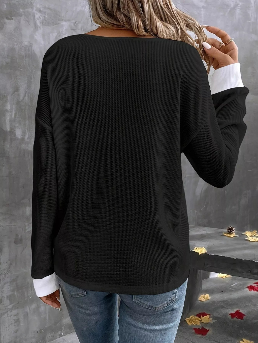 Plus Size V-Neck Long Sleeve Waffle Knit T-Shirt – detail view 2 – Muse & Moss