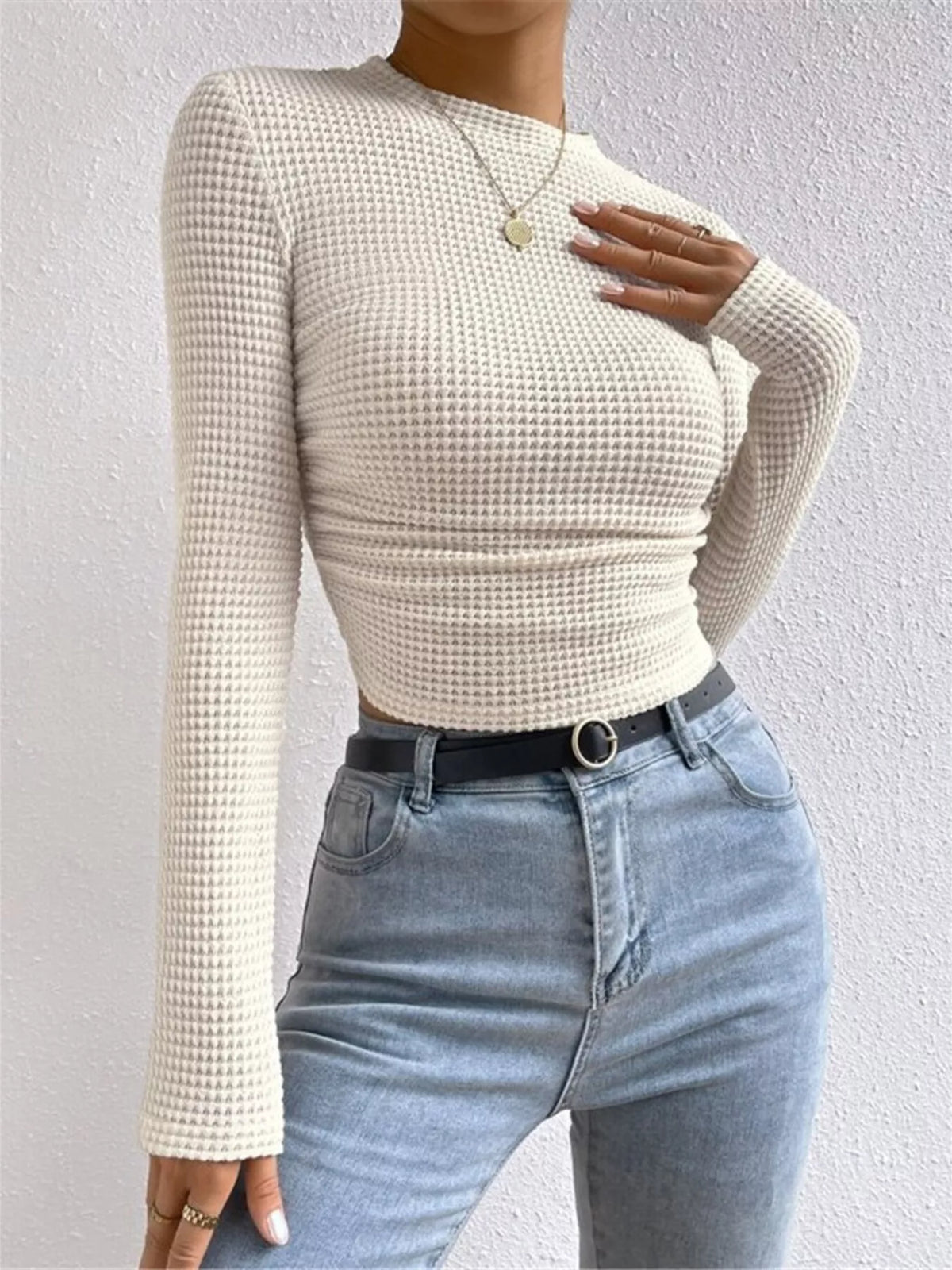 Waffle Knit Long Sleeve T-Shirt – detail view 6 – Muse & Moss